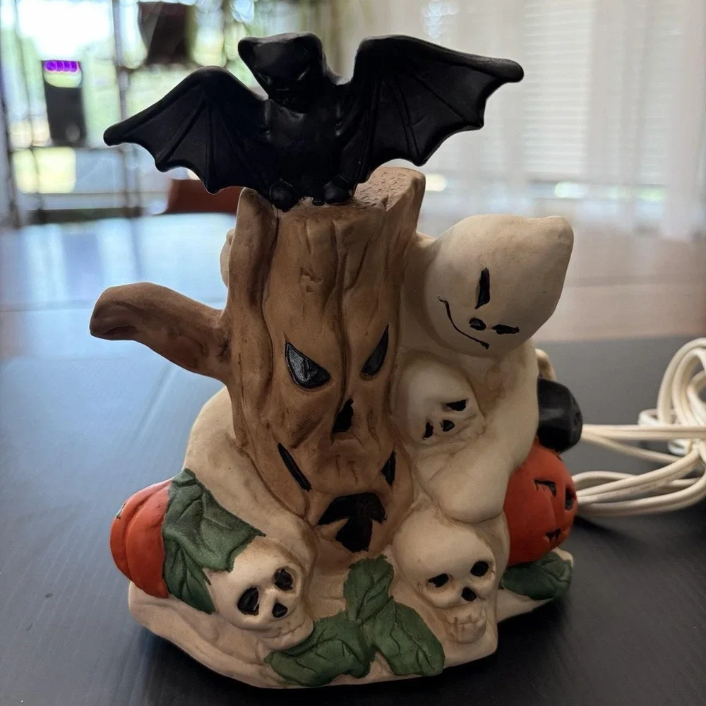 Vintage Halloween Tree Porcelain Night Light Pumpkin Skull Crow Works